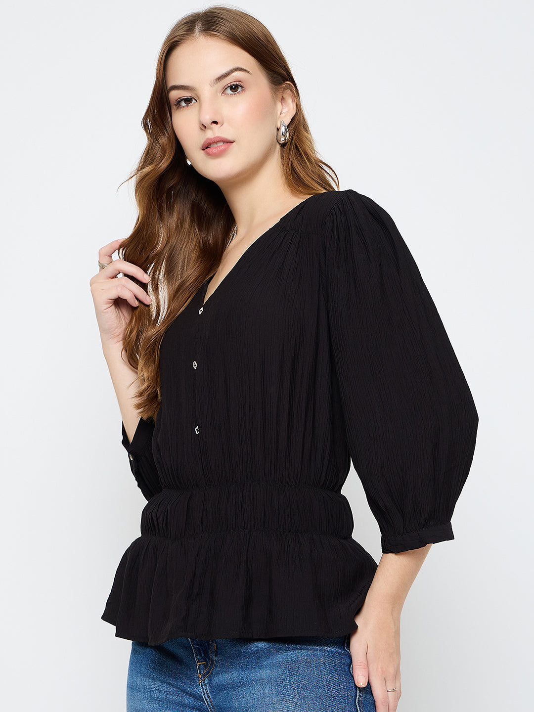 Black Madame Ladies Western top, short sleeve design, stylish upper wear for women, displayed on a hanger.