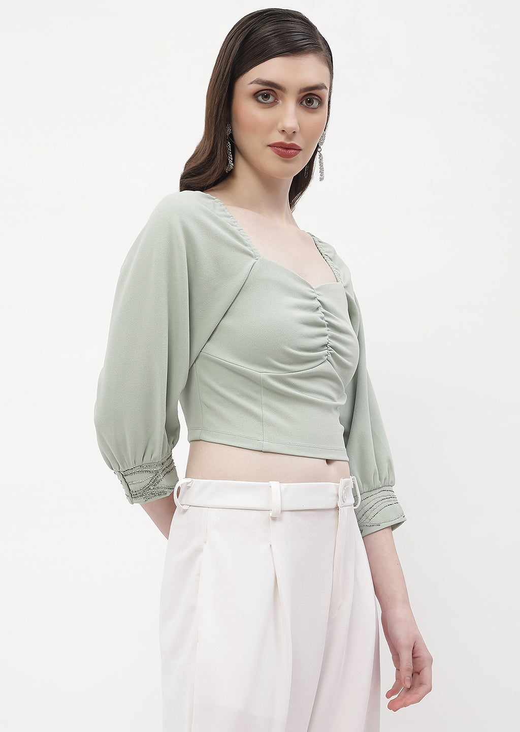 Madame Sweetheart Neck Sage Green Embellished Cuffs Top