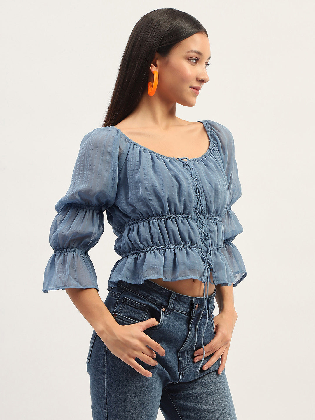 Madame Ruched Detailing Blue Peplum Top