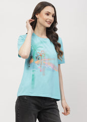 Madame Graphic Print Aqua Blue Regular T- Shirt