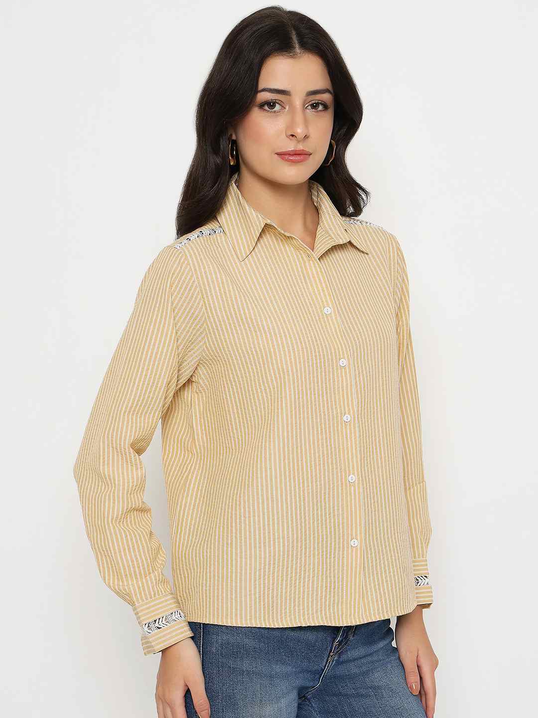 Madame Textured Embroidered Accents Beige Shirt
