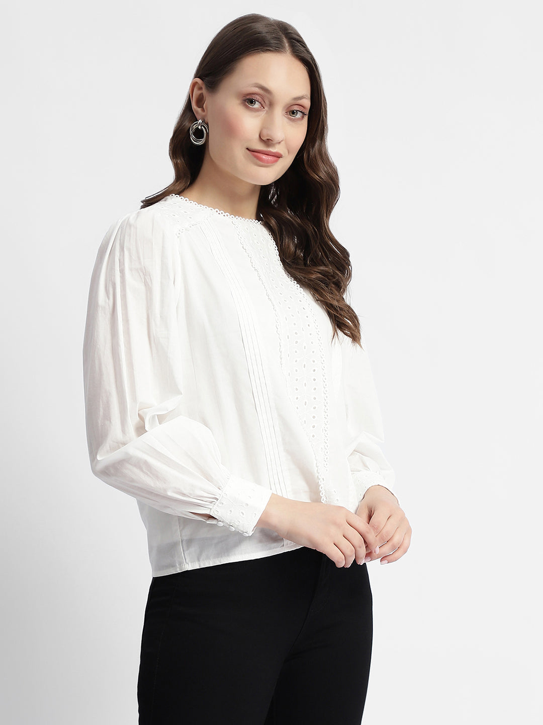 Madame Schiffli Adorned Puff Sleeve White Top