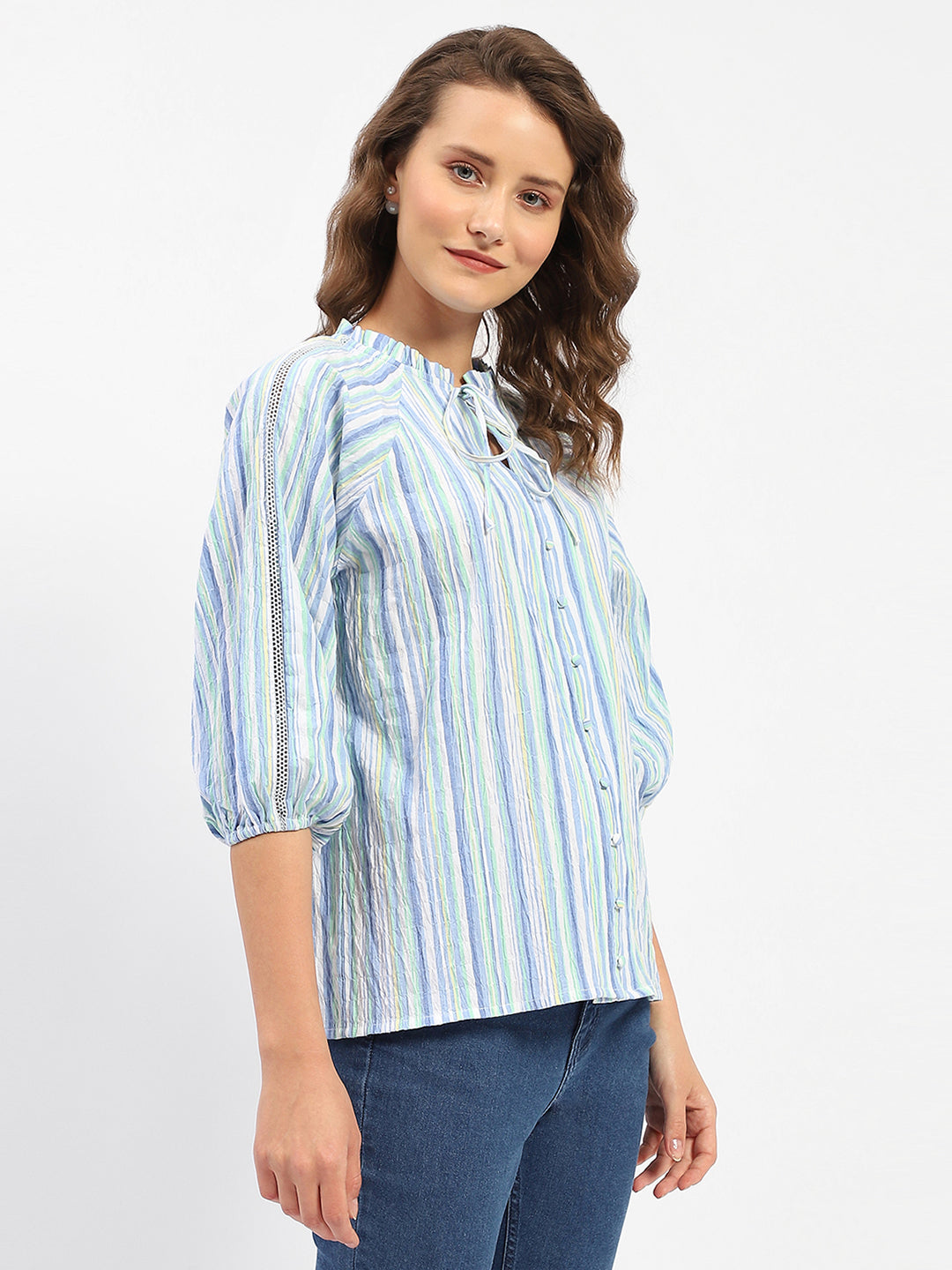 Madame Striped Sky Blue Raglan Sleeve Shirt