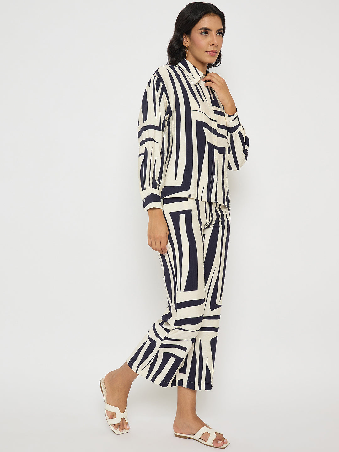 Madame navy blue colorblock rayon blend co-ord set for ladies, includes top and bottoms, western fashion style.