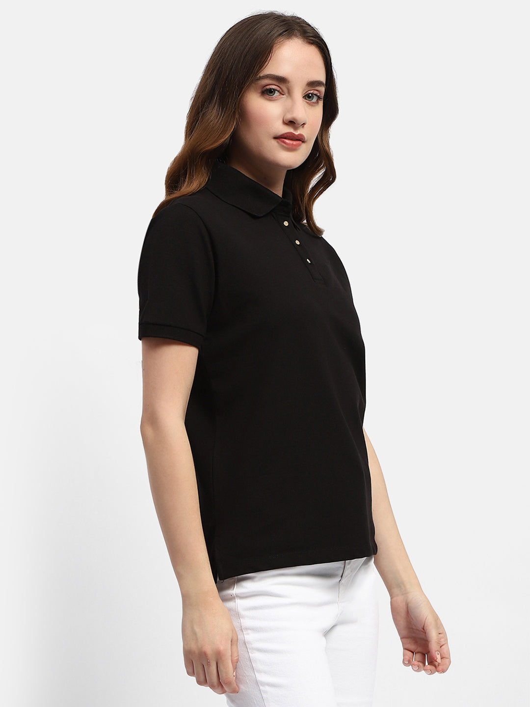 Madame Solid Black Polo Neck T-Shirt