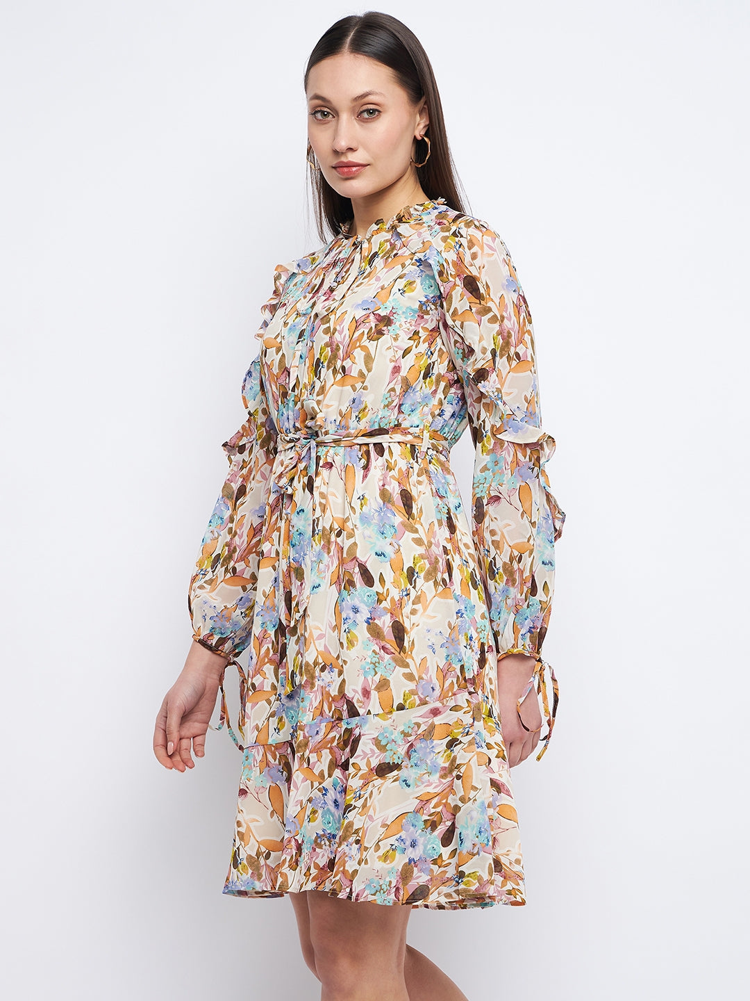 Madame Floral Print Off-White Ruffle Dress