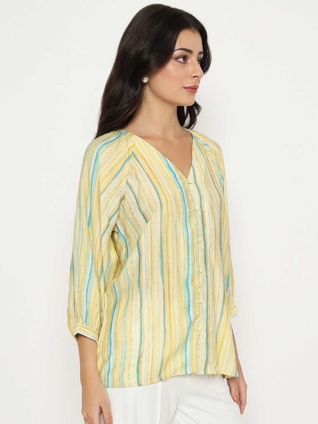 Madame Striped Rayon Blend Yellow Top