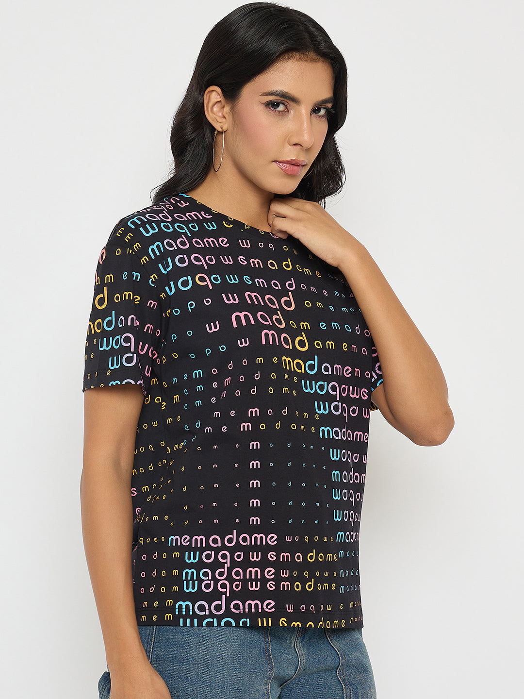 Madame All Over Print Black Cotton T-Shirt