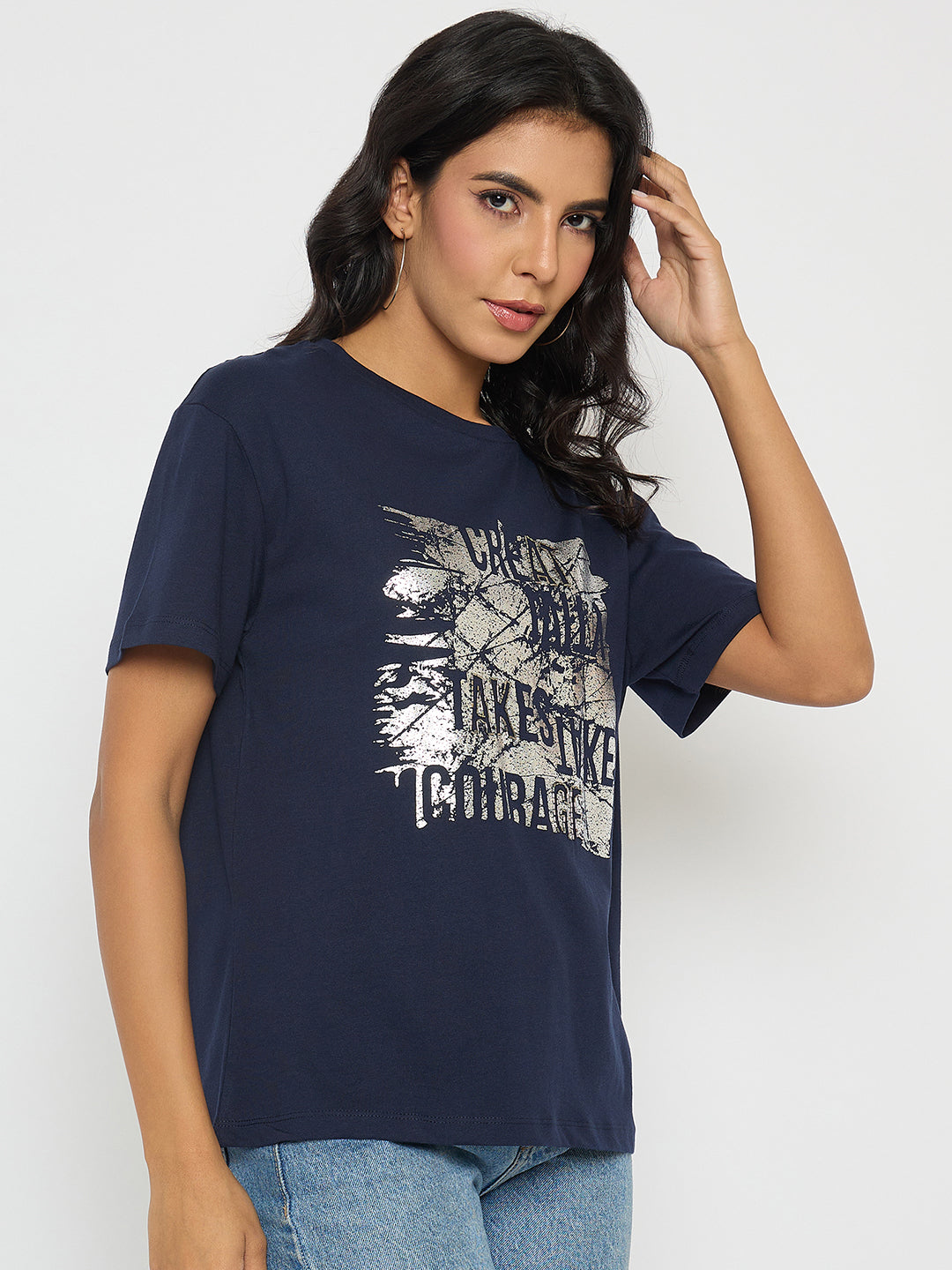 Madame Graphic And Typography Print Navy Blue Cotton T-Shirt