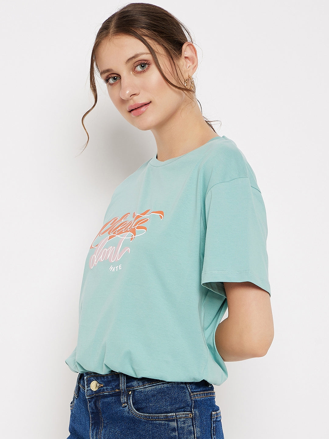 Madame Crew Neck Green Printed T-Shirt