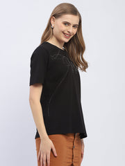 Madame Embellished Typography Black Regular T-Shirt