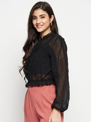 Madame Textured Swiss Dot Detail Black Peplum Top