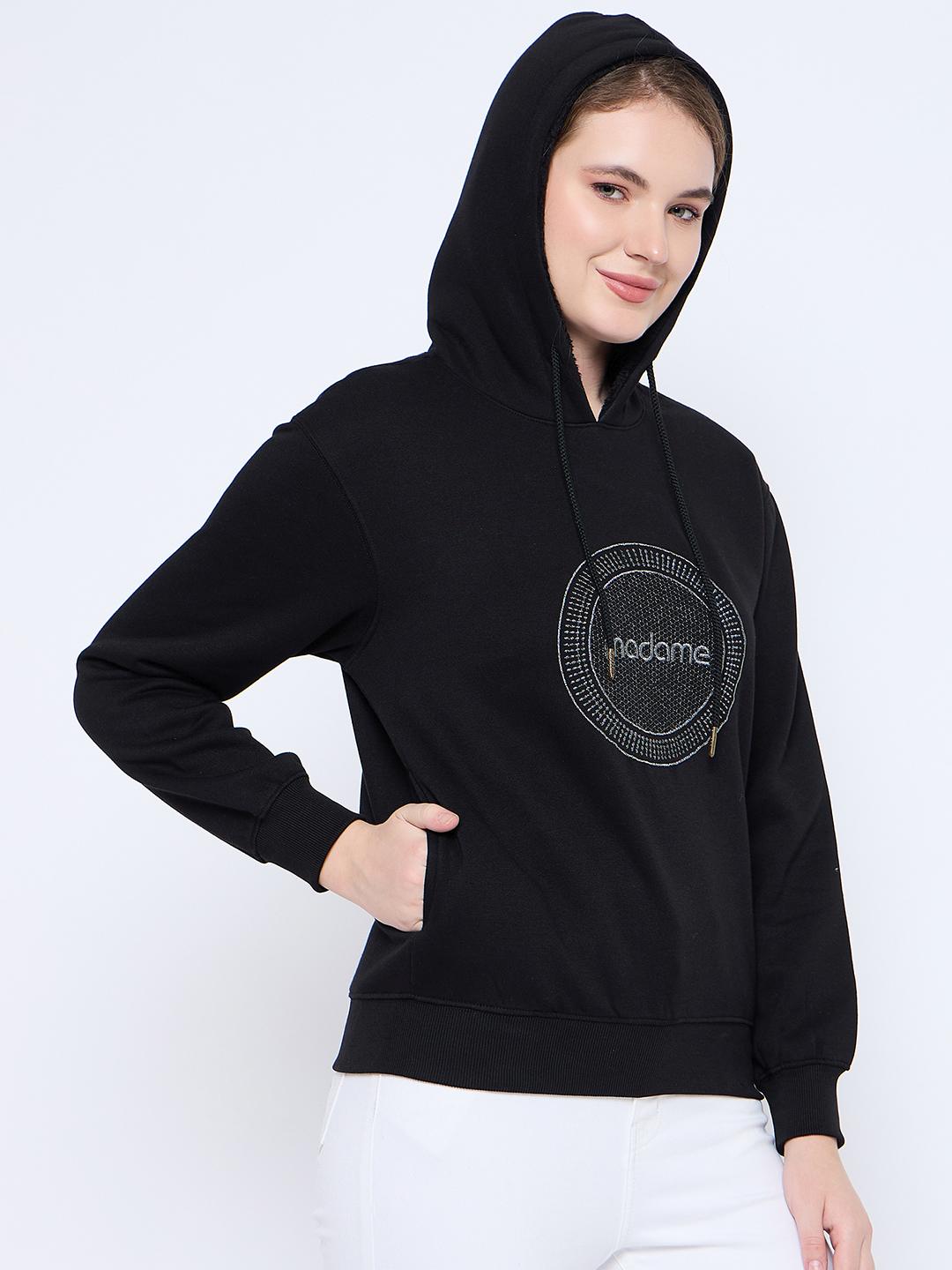 Madame Graphic Print Loose Fit Black Hooded Sweatshirt