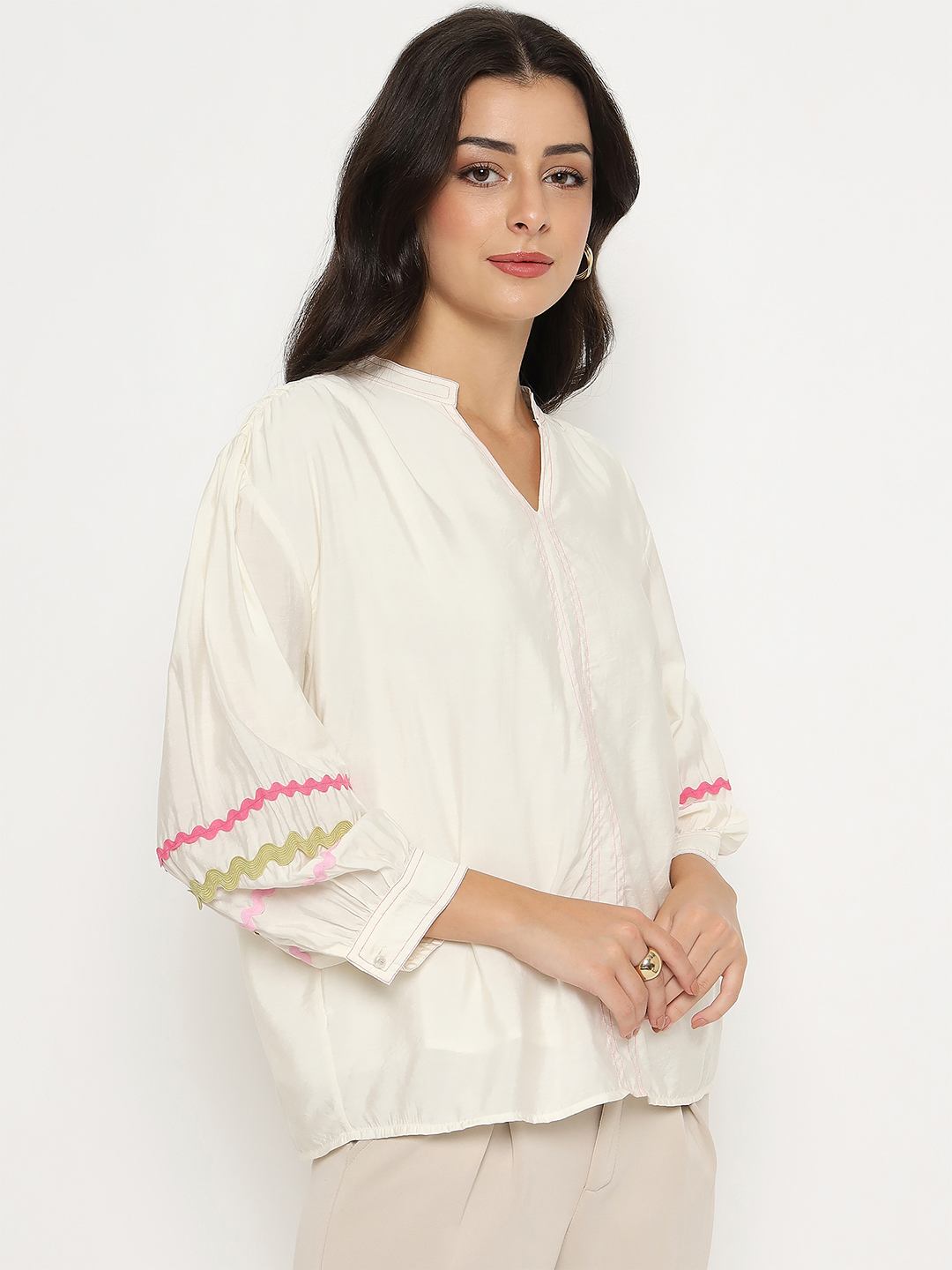 Off-white Madame ladies Western top with half sleeves, featuring a stylish Western-inspired design and fitted silhouette.