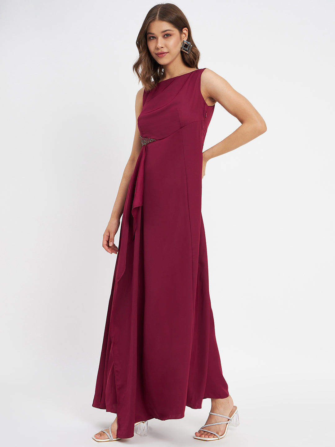 Madame Wine Shimmer Detailing Ruffle Hem Dress
