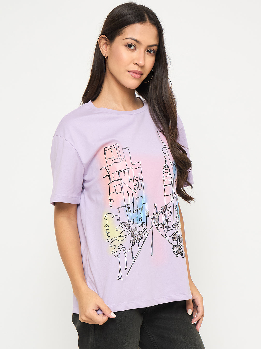 Madame Swarovski Detail Graphic Print Cotton Lilac T-Shirt