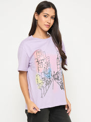 Madame Swarovski Detail Graphic Print Cotton Lilac T-Shirt