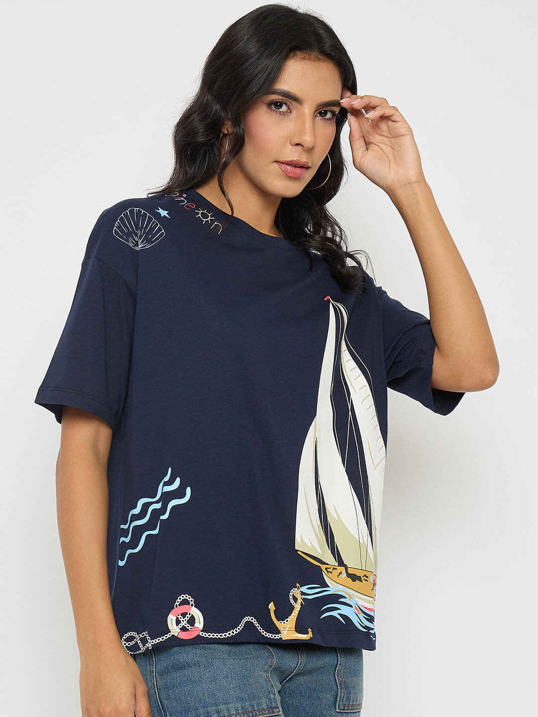 Madame Abstract Print Navy Blue Cotton T-Shirt