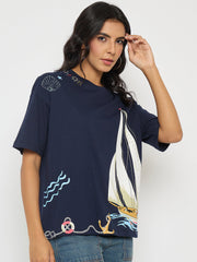 Madame Abstract Print Navy Blue Cotton T-Shirt