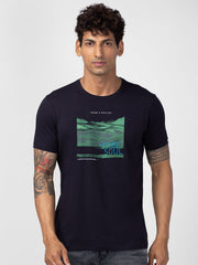 Men Navy Blue Cotton Regular Fit Half Sleeve Printed T-Shirt