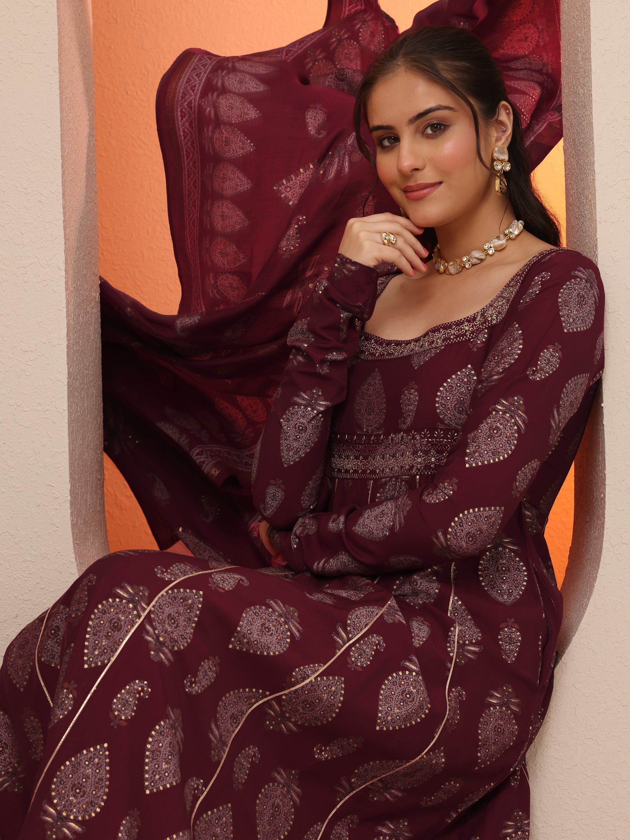 LIBAS LADIES WESTERN W KURTI 3PCS SET 400781 MEHROON