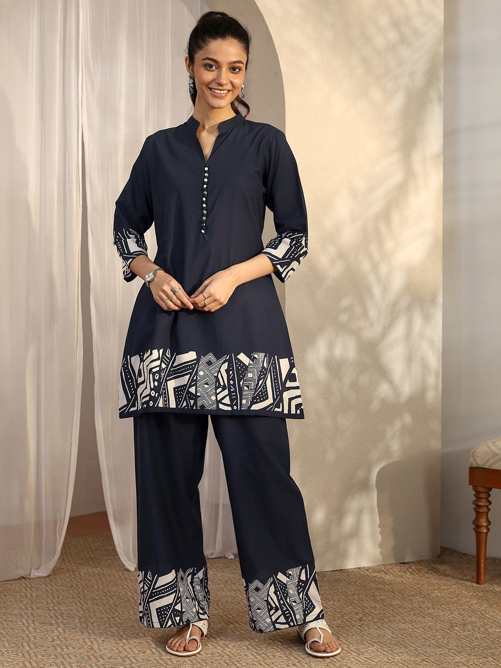 Navy blue printed cotton co-ord set for ladies, includes kurti and matching bottoms, from Libas, western style 2-piece outfit