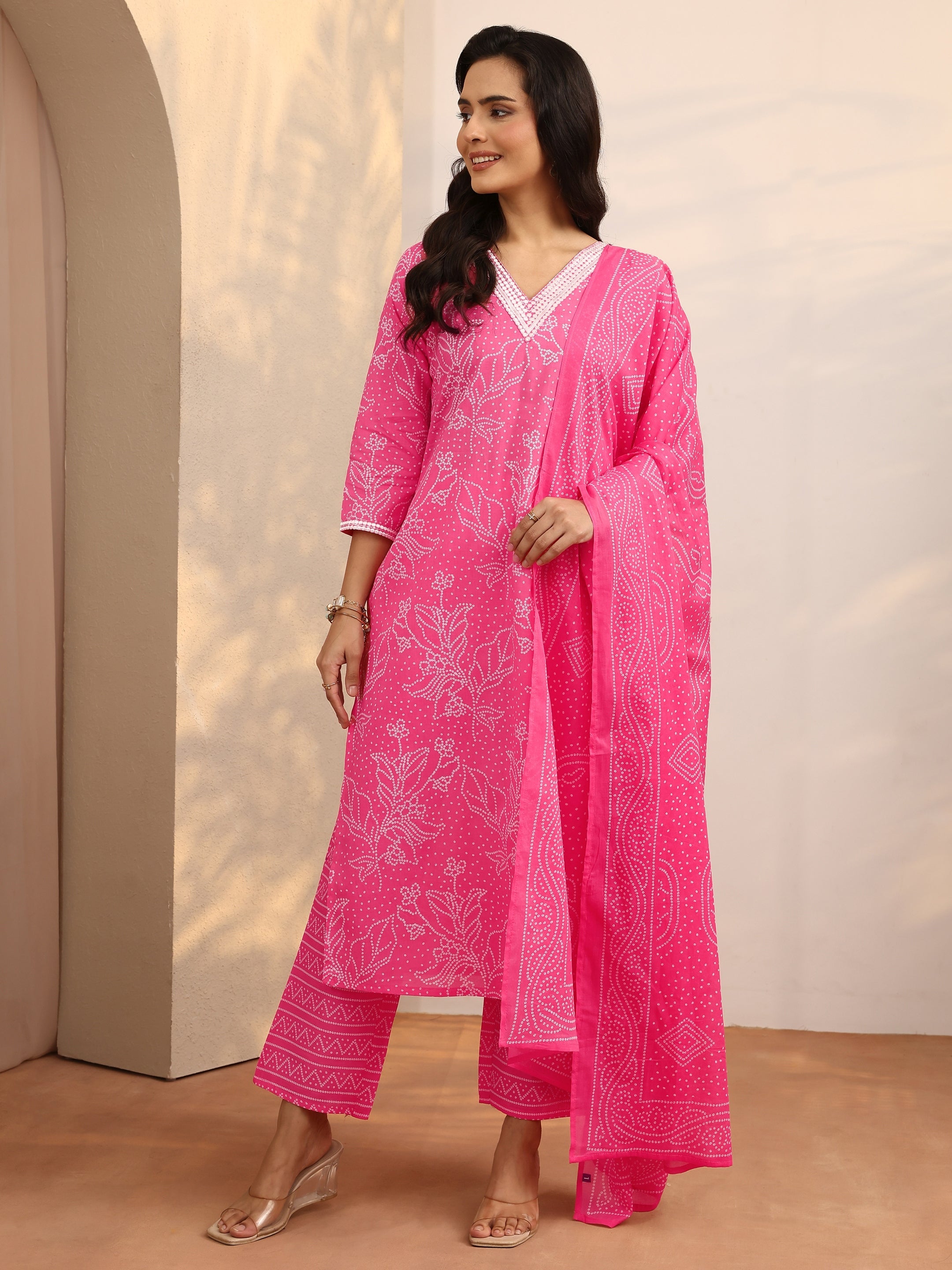 Pink printed cotton straight suit set with dupatta, featuring a stylish kurti, pants, and matching dupatta for ladies from Libas.