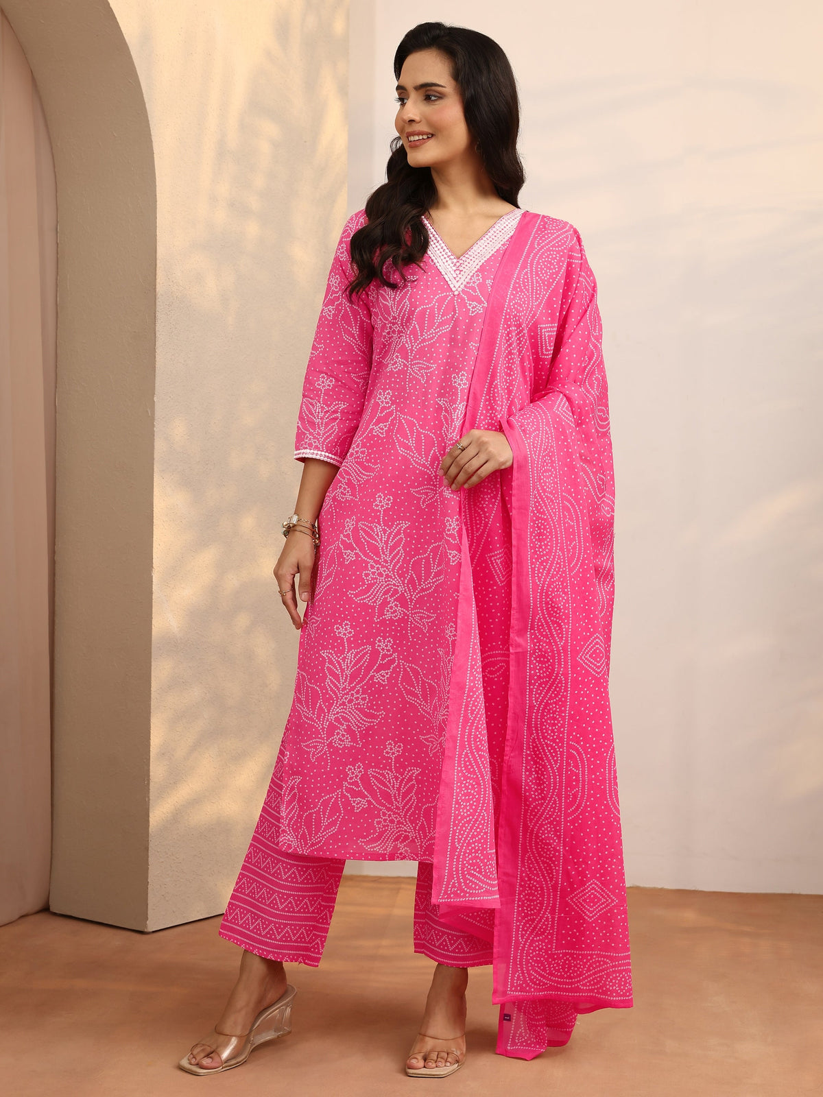 Pink printed cotton straight suit set with dupatta, featuring a stylish kurti, pants, and matching dupatta for ladies from Libas.