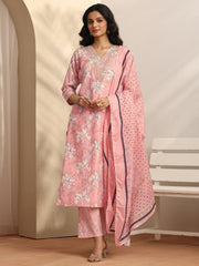 Libas peach printed cotton straight suit set with dupatta, featuring traditional kurti and matching accessories for ladies.
