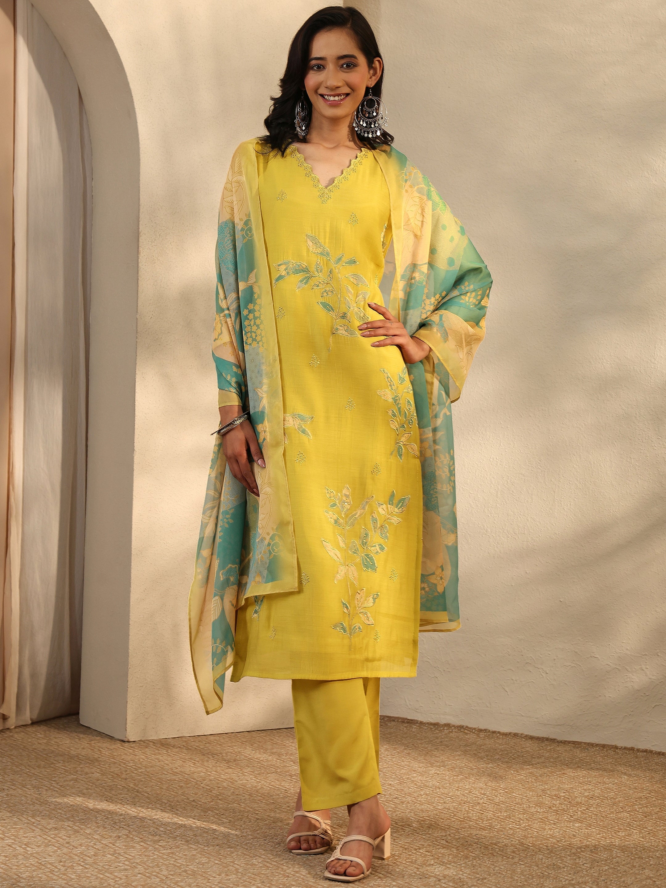 Green Embroidered Chanderi Cotton Straight Suit Set With Dupatta