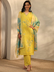 Green Embroidered Chanderi Cotton Straight Suit Set With Dupatta