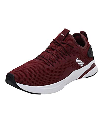 Puma men's Softride Rift knit low boots in Zinfandel and Puma Black, sporty footwear with knit upper and rugged sole design.