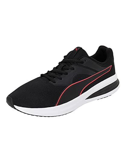 Puma unisex adult Transport black and high risk red walking shoe, size 10 UK, sporty footwear with sleek design and breathable material.