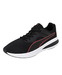 Puma unisex adult Transport black and high risk red walking shoe, size 10 UK, sporty footwear with sleek design and breathable material.