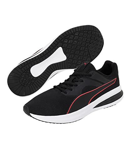 Puma unisex transport black and high risk red walking shoe, size 10 UK, with sporty design and breathable material.