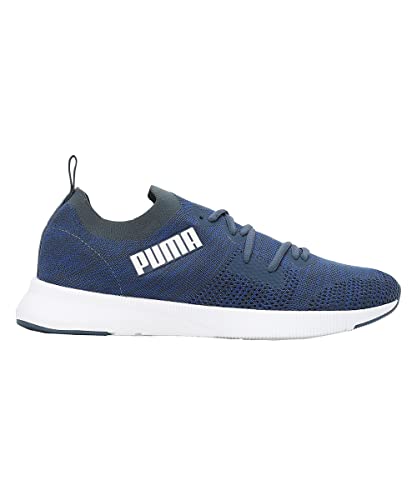 Puma Men Flyer Runner Engineered Knit sneaker in dark denim, palace blue, and white, size 8UK, featuring sporty design and knit upper.