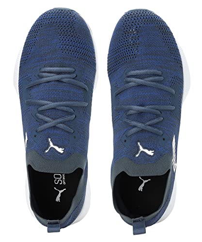 Puma Men Flyer Runner Engineered Knit sneaker in dark denim, palace blue, and white, size 8UK, showcasing sleek athletic design.