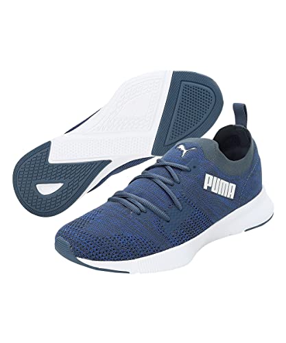 Puma Flyer Runner Engineered Knit men's sneaker in dark denim, palace blue, and white, size 8UK, featuring breathable knit material.