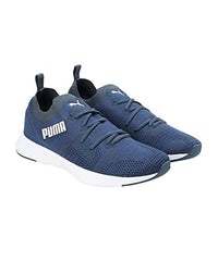 Puma Men Flyer Runner Engineered Knit sneaker in dark denim, palace blue, and white, viewed from side on a white background.