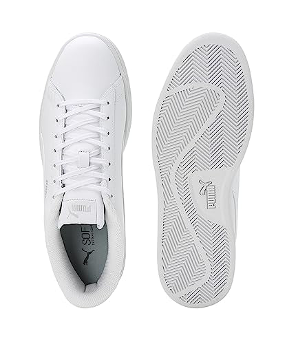 White Puma Smash V2 L unisex sneakers, lightweight sport shoes with Puma branding, white laces, and rubber sole.