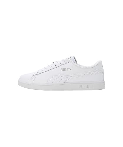 White Puma Smash V2 L unisex adult sneakers with a sleek design, lace-up closure, and Puma branding on the side.