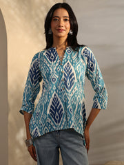 Libas ladies blue western kurti, single-piece design with intricate patterns and stylish neckline, perfect for casual wear.