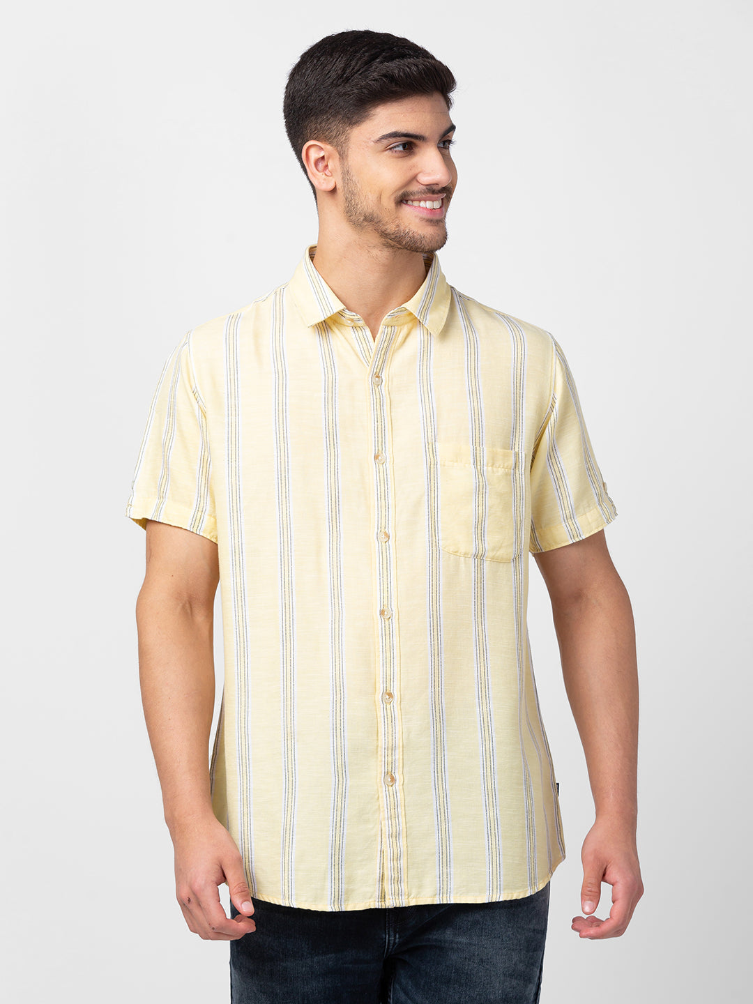 Men Butter Yellow Cotton Slim Fit Striped Shirt