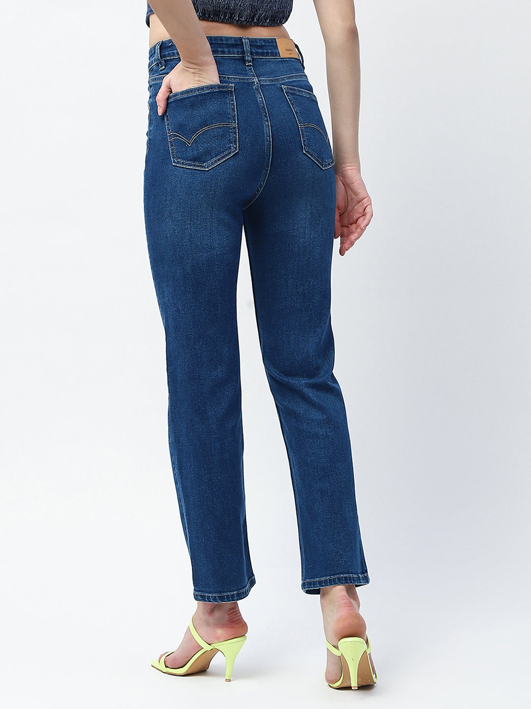 Madame Whiskered Straight Fit Dark Blue Cotton Blend Jeans