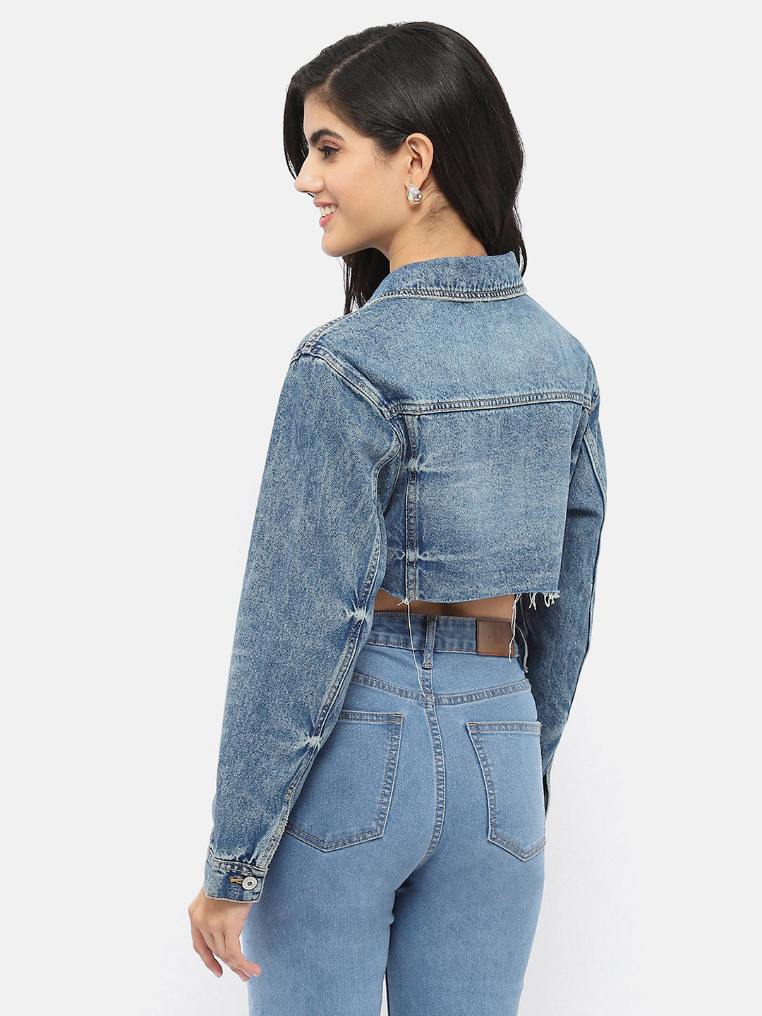 Madame Distressed Hem Blue Crop Denim Jacket