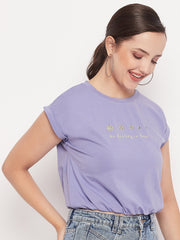 Madame Solid Violet Typography Cuffed Half Sleeves Elasticated Waist Top
