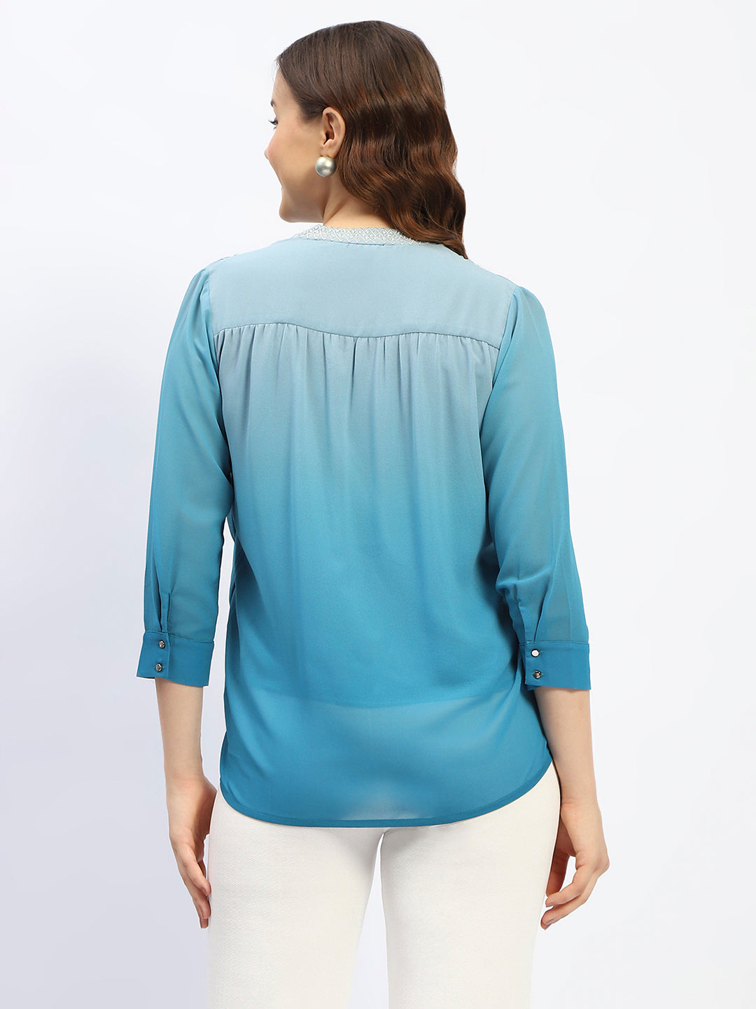 Madame Mandarin Neck Ombre Teal Drape Top