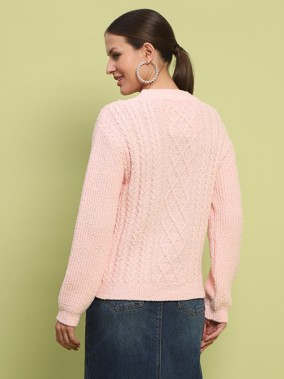 Madame Cable Knit Full Sleeve Peach Sweater