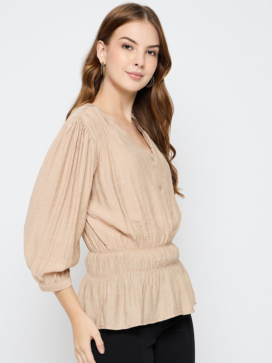 Madame Solid Rayon Blend Beige Peplum Top