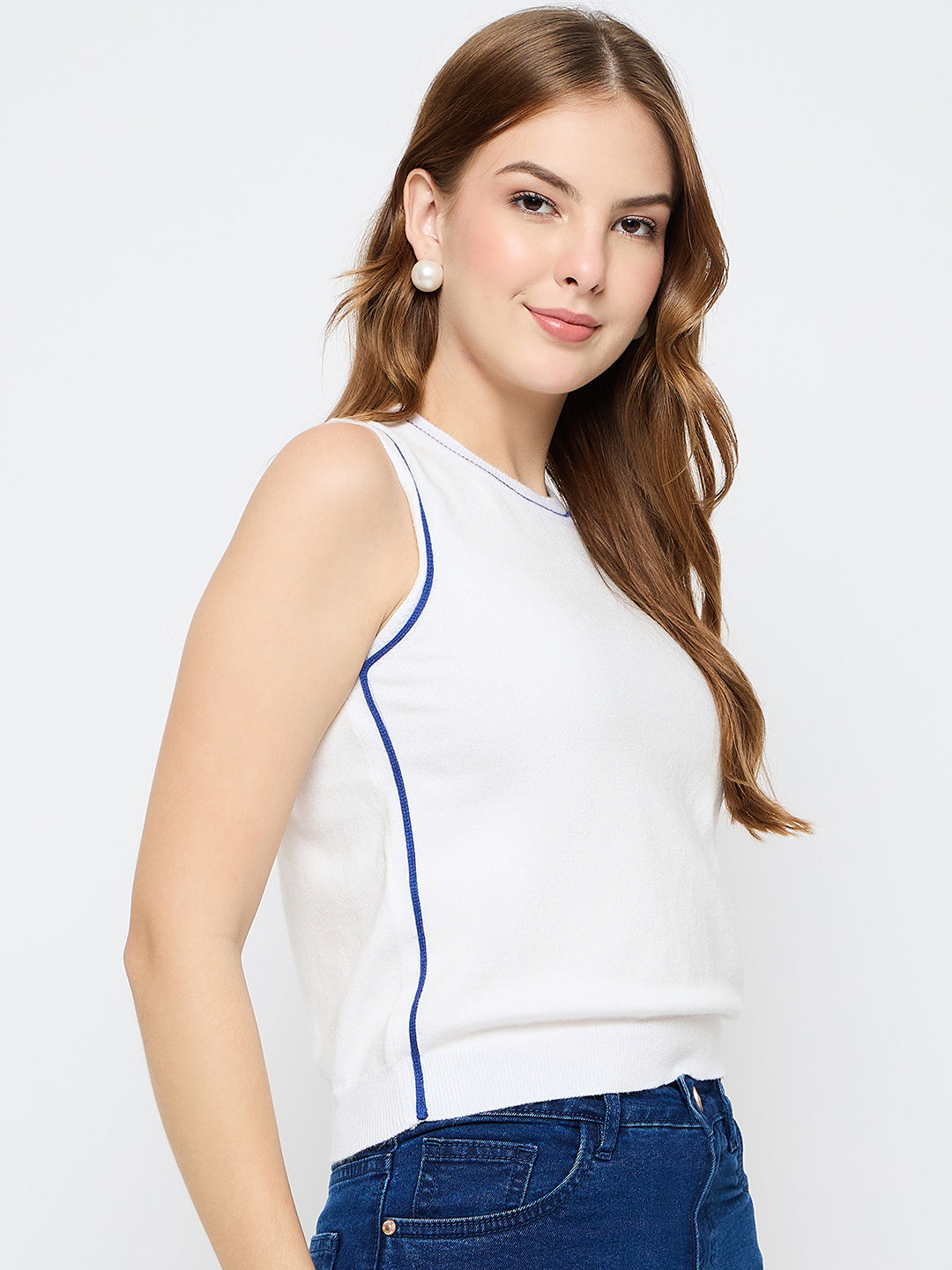 Madame Contrast Trim Sleeveless Blue Knitted Top